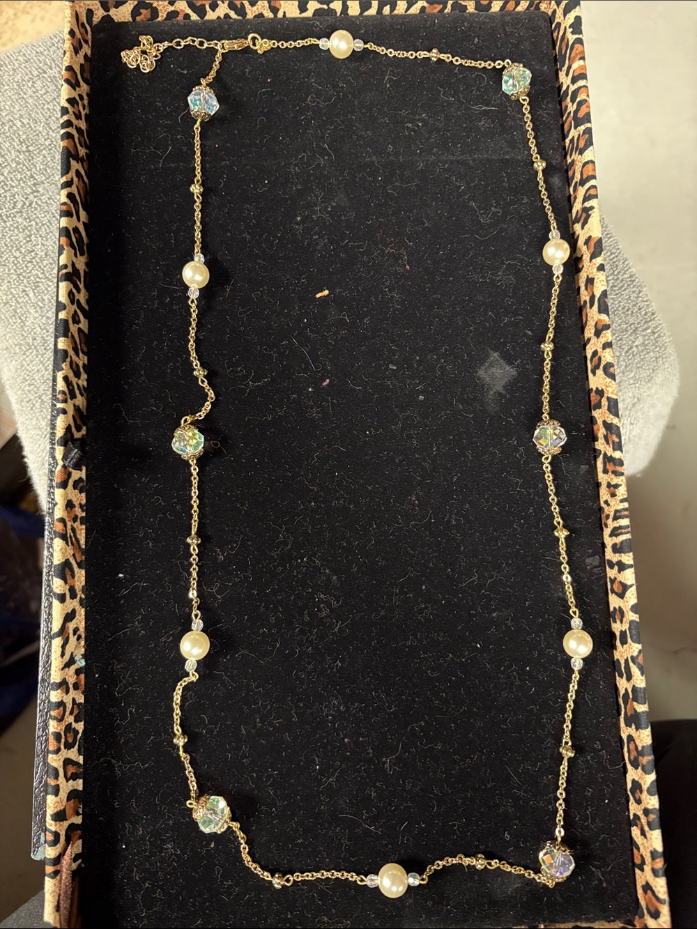 Premier Designs Gold-Tone Necklace with Pearl and Iridescent Crystal Stations